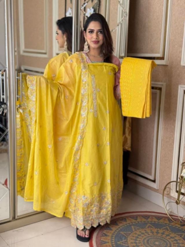 Sunlit Elegance – Yellow Embroidered Cotton Three-Piece Set